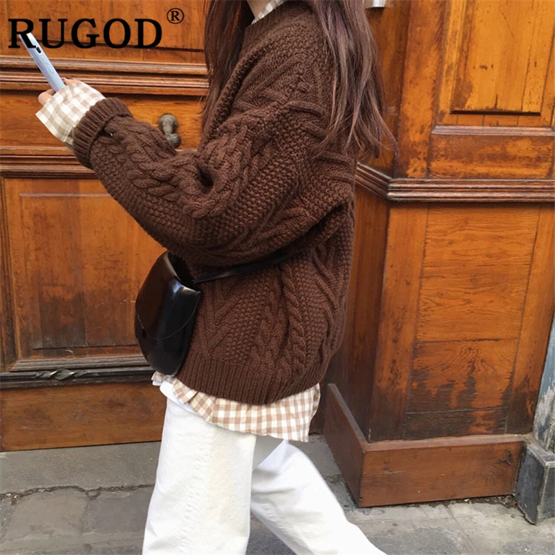 RUGOD Korean sweater women Elegant round collar twisted loose winter warm pullover female Casual solid knitted oversized | Женская