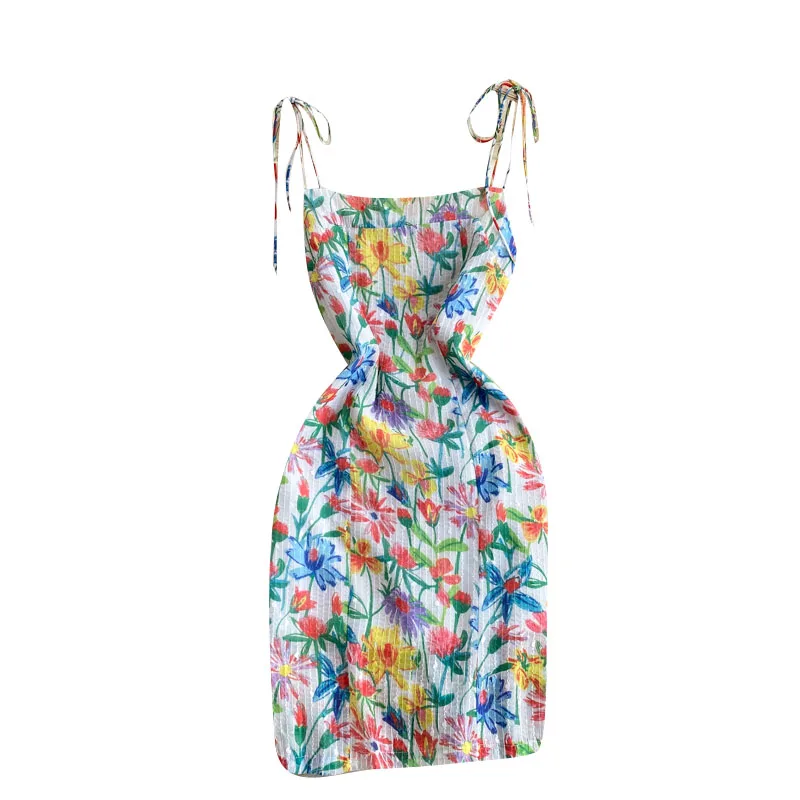 

Fashion Summer Kawaii Backless Floral Print Beach Strap Dress Sling Women Hand-Painted Party Vestidos
