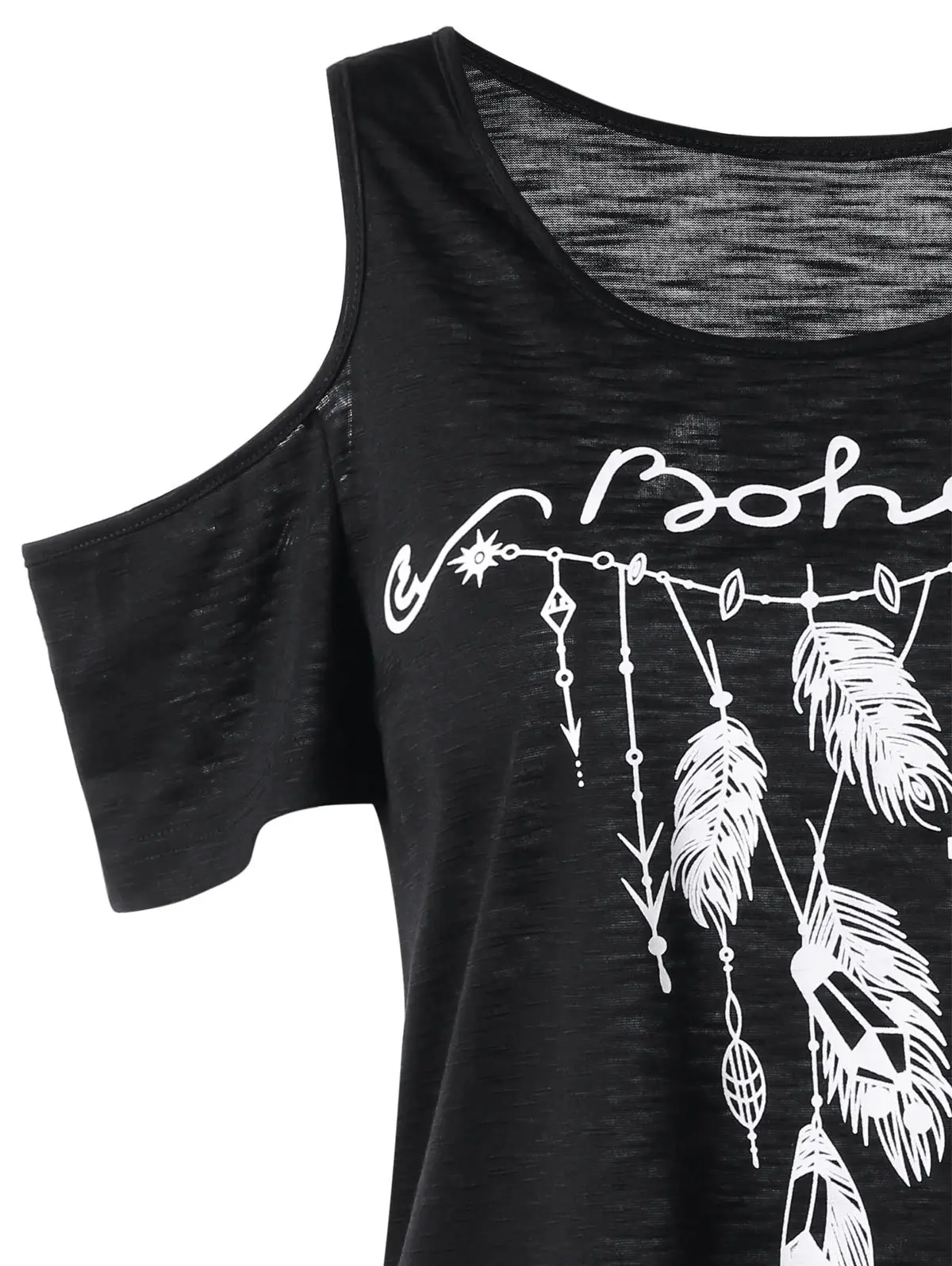 

Women's new summer slubby cotton T-shirt with feather print on shoulder