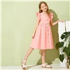 SHEIN/милое однотонное платье с v-образным вырезом и рюшами на пуговицах спереди для девочек-подростков; коллекция года; летние платья до колена с рукавами-крылышками