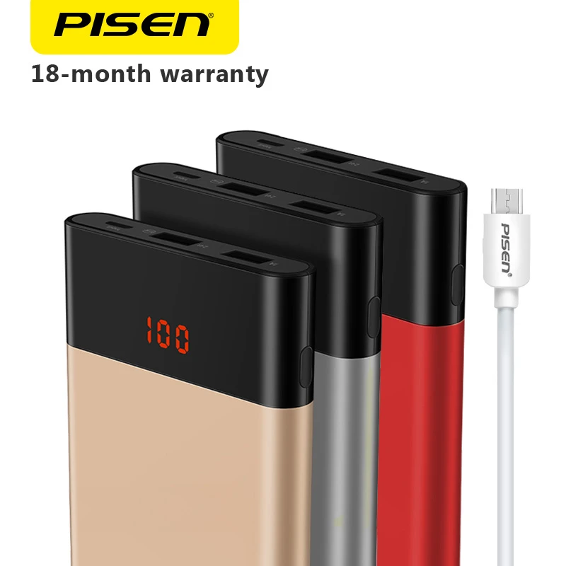 Повербанк Pisen 10000 мАч в ультратонком корпусе с двумя выходами USB и LED-экраномДва Smart USB выхода на 2.4A/1.5A поддерживают зарядку двух устройств одновременно