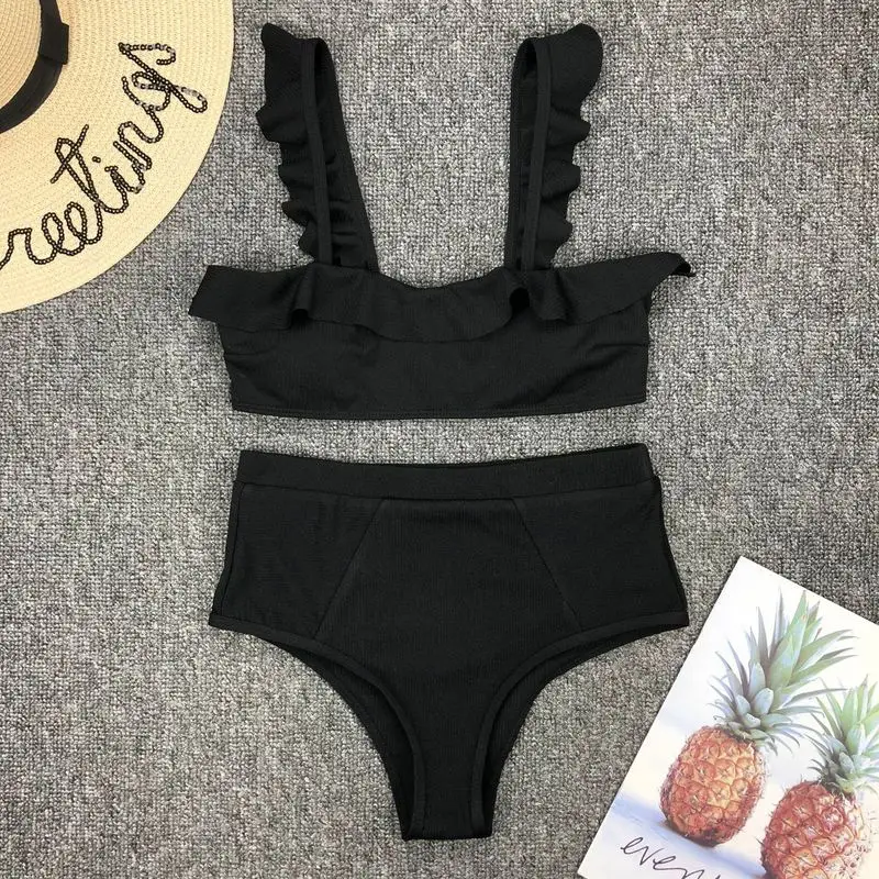 

MYTENG Sexy Solid Ruffles Swimsuit Female Bikinis Push Up Swimwear Summer Swimming Suit For Women High Waist Beachwear Biqiuni