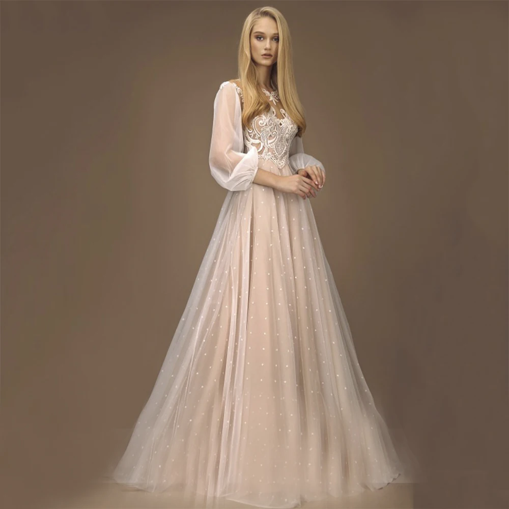 

Элегантное свадебное платье с круглым вырезом и пышными рукавами 2021 ТРАПЕЦИЕВИДНОЕ кружевное платье с открытой спиной и жемчужинами длино...