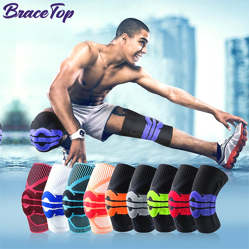 

BraceTop 1 PC Sports Knee Patella Protector Brace Silicone Spring Knee Pad Basketball Running Compression Sleeve Support Kneepad