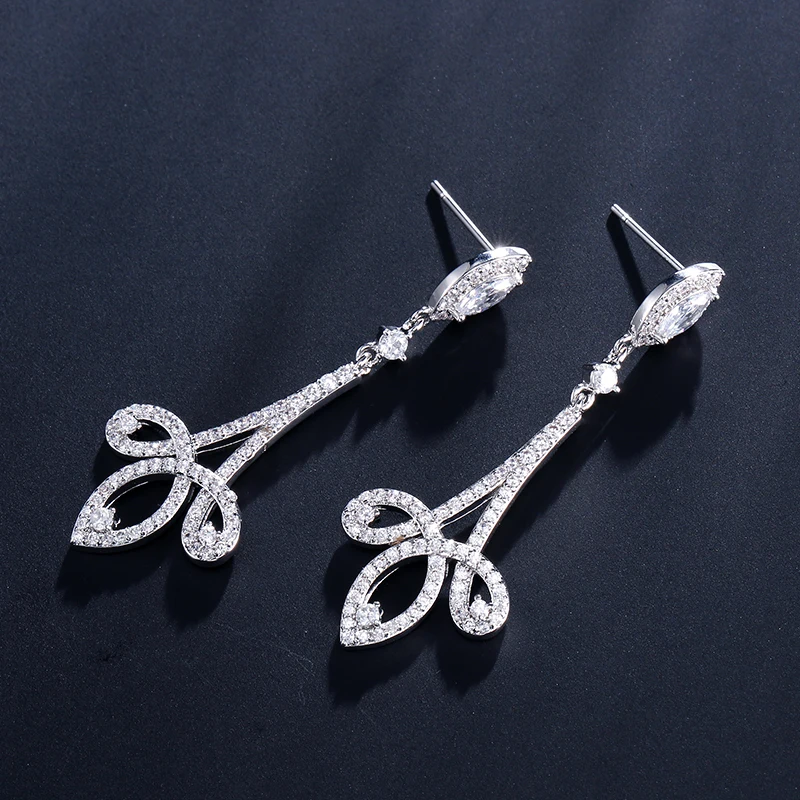 Женские серьги подвески FEEHOW длинные с большим листом и фианитом в этническом