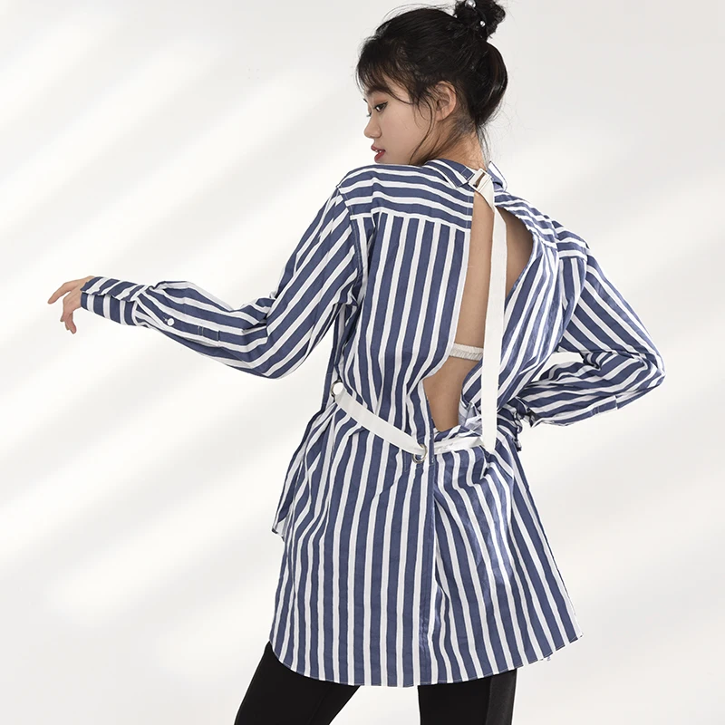

[EAM] Women Vertical Striped Long Irregular Bandage Blouse New Lapel Long Sleeve Loose Shirt Fashion Spring Autumn 2021 1DC16405
