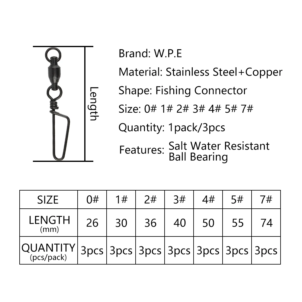W.P.E 3 упак./лот рыболовный вертлюг с шарикоподшипником соединитель из нержавеющей