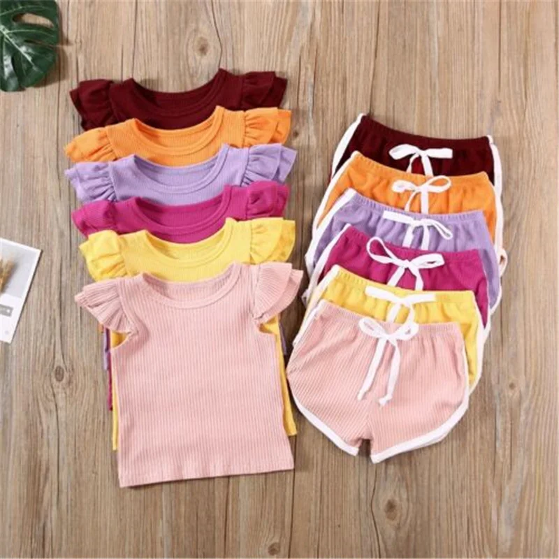

Summer Infant Baby Girls Boys Clothes Sets Ruffles Short Sleeve Pullover T Shirts Shorts Solid Outfits 2021 New