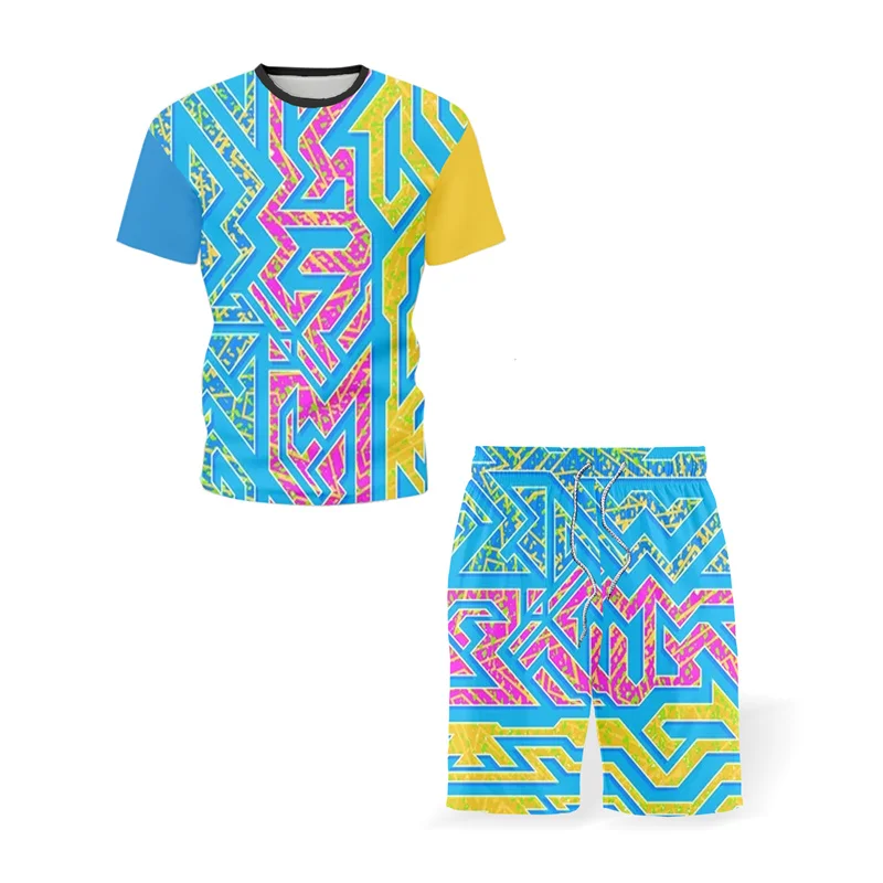 

2021 Hot Sale New Men's Short Sleeve 3DT Shirt Set Retro Geometric Print Summer Sportswear Loose Men's and Women's Casual Wear