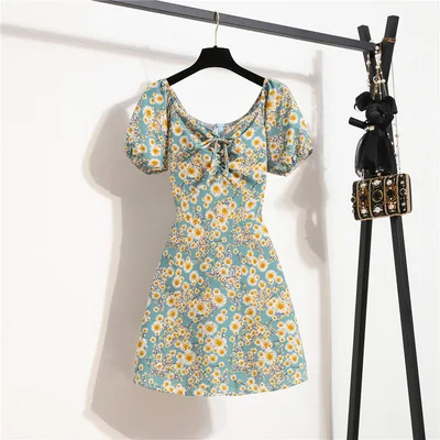 

Female Korean Style Slim Floral Mini Dress One-shoulder A-line Elegant Dress Pleated A-line Dress Summer Dress For Women 2021