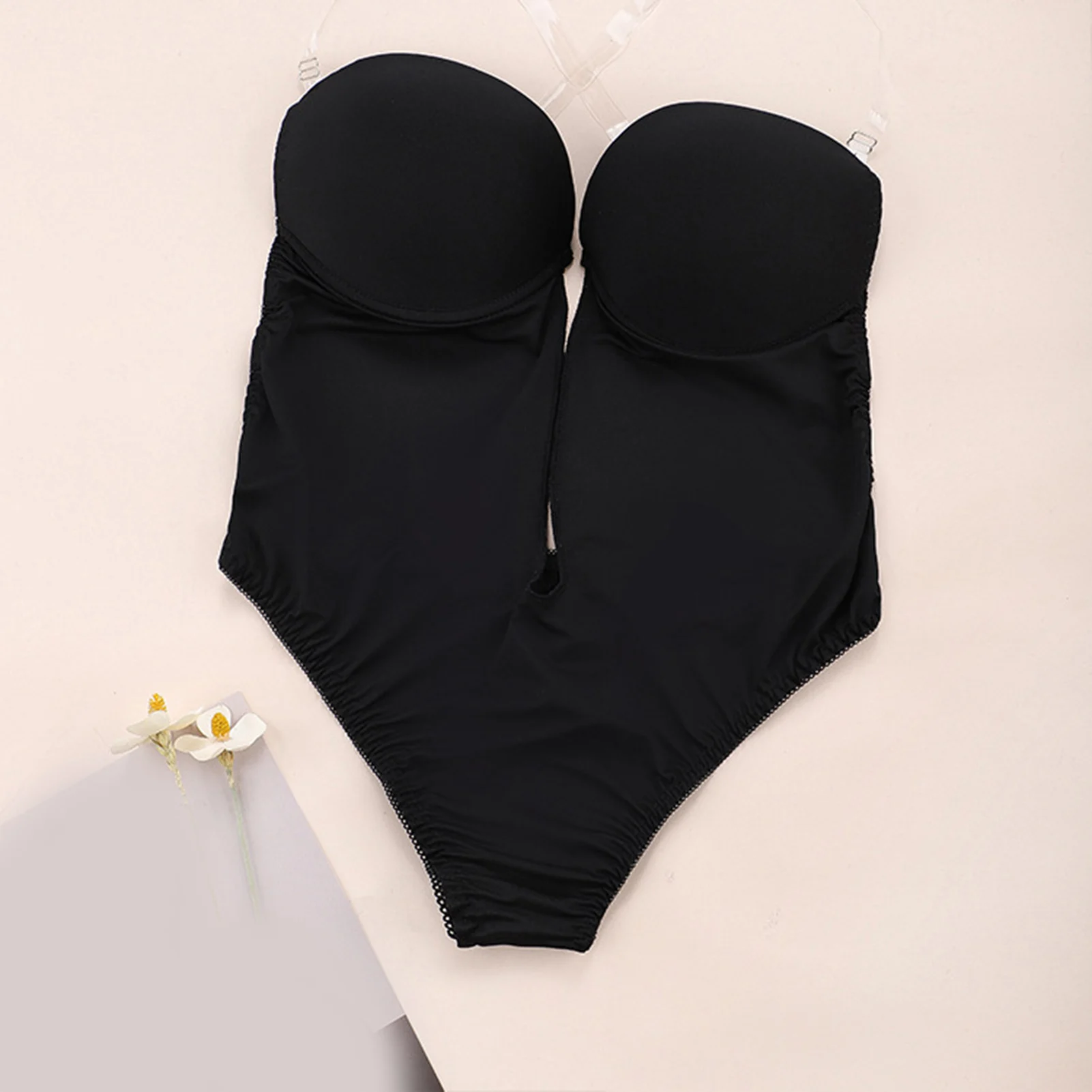 Good Healthy Women Bodysuit Lingerie Deep V Bodysuit with Bra Transparent Shoulder Strap