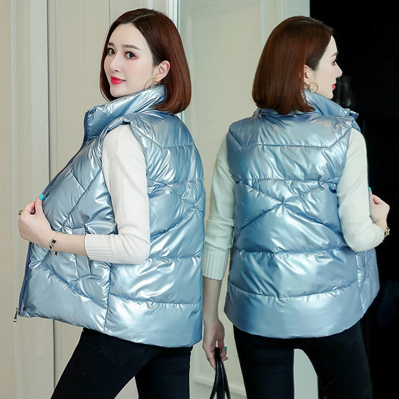 

Glossy Pink Black Stand Collar Women Winter Vests 2020 New Short Vest Cotton Padded Jacket Sleeveless Female Winter Waistcoat Ve