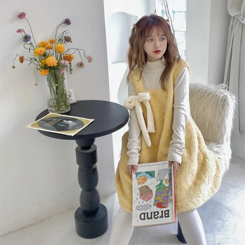 

Japanese Preppy Dress Girl Kawaii Square Collar Cute Sleeveless Sweetheart Bow Three-dimensional Decoration Plush Camisole Dress