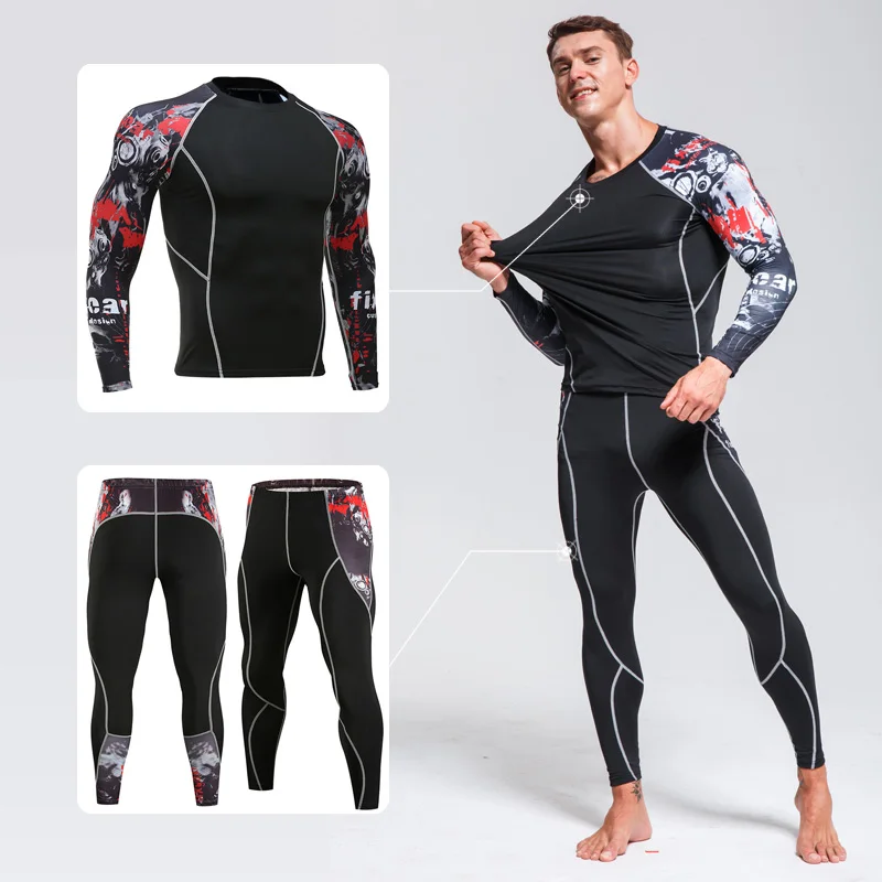 Men's Winter Thermal underwear Compression Skin Sportswear 2-pc/set Warm Sweat Suit Tracksuit 3D Pattern Arm long johns Men