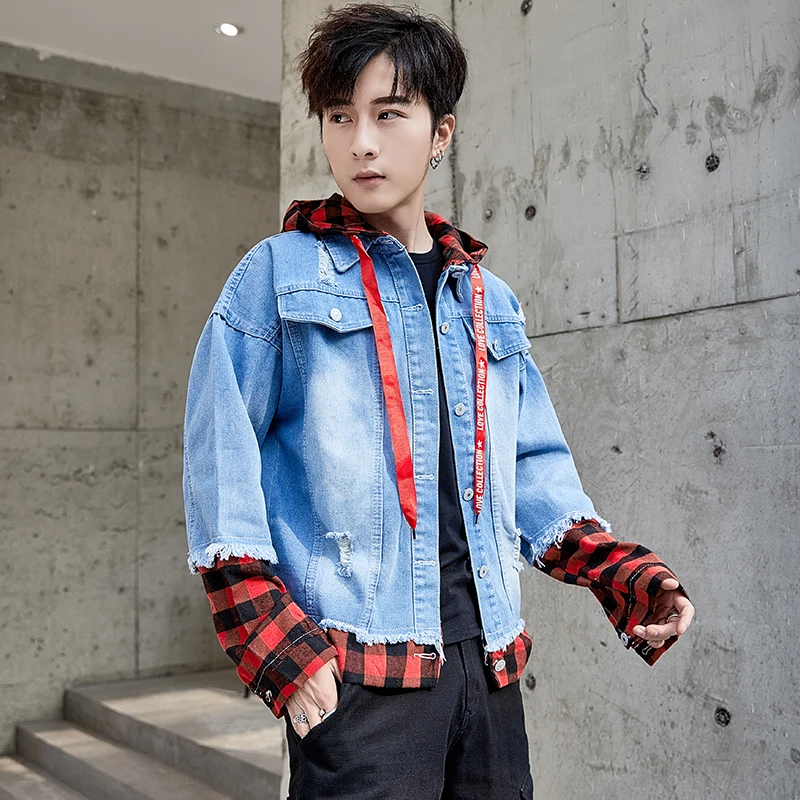 

2020 New Men's Hooded Denim Jacket Korean Fashion Casual Patchwork Denim Plaid Jean Jacket Men Coat