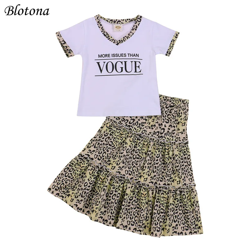 

Blotona комплект из 2 предметов, детский летний наряд, девочек, с принтом в виде букв, с V-образным вырезом и короткими рукавами, футболка Топ + Леопардовый кекс, длинная юбка, 1-6Years