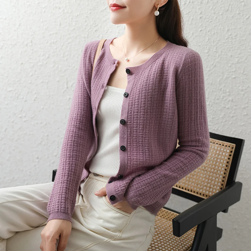 

100% Pure Australian Wool Knitting Cardigans Women O-neck Long Sleeve 2020 Hot Sale Sweater Jackets 4Colors Female Knitwear