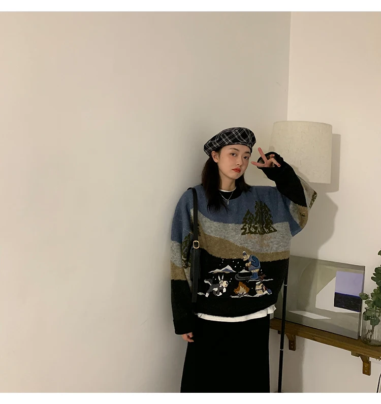 Woherb Pull Femme, осенне-зимний вязаный свитер в стиле Харадзюку, Женский контрастный пуловер с мультяшной вышивкой, джемпер, корейские свитера