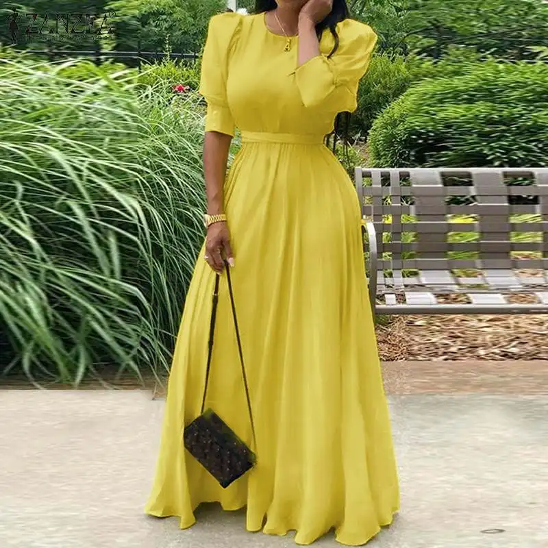 

ZANZEA Fashion Women Long Maxi Dress Summer Retro Baggy Sundress Half Puff Sleeve Vestidos Party Beach Kaftan Belted Robe Femme