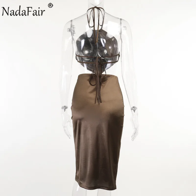 

Nadafair Satin Dress Sets Backless Crop Top And Midi Skirts Brown Silk Party Club Wear Women Sexy Summer Midi Dress