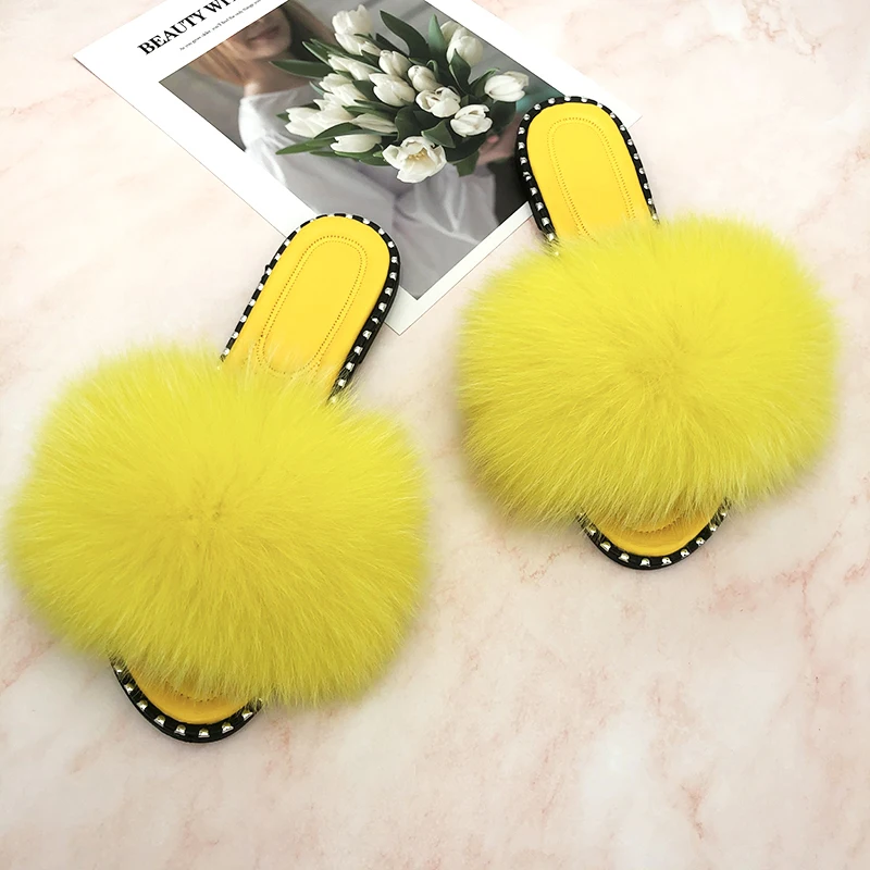

Summer Fur Slippers Women Real Fox Fur Sandals Yellow Plush Fur Flip Flops Home Female Slides Luxury Fur Sandals Wholesale 2021