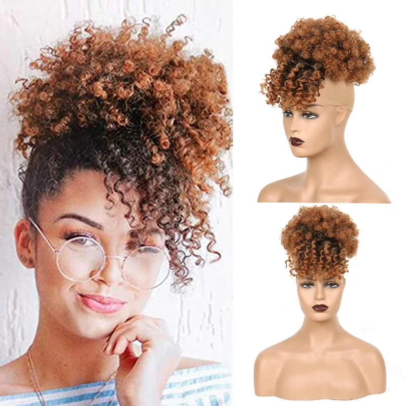 

Synthetic Afro Puff Ponytail Drawstring With Bangs Short Kinky Curly Hair Bun Clip in on Wrap Updo Hair Extensions for African