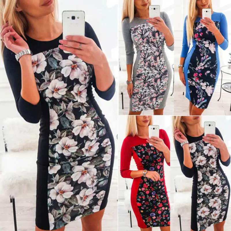 

Women 3/4 Sleeve Bodycon Dresses Holiday Party Colorblock Floral Pencil Dress