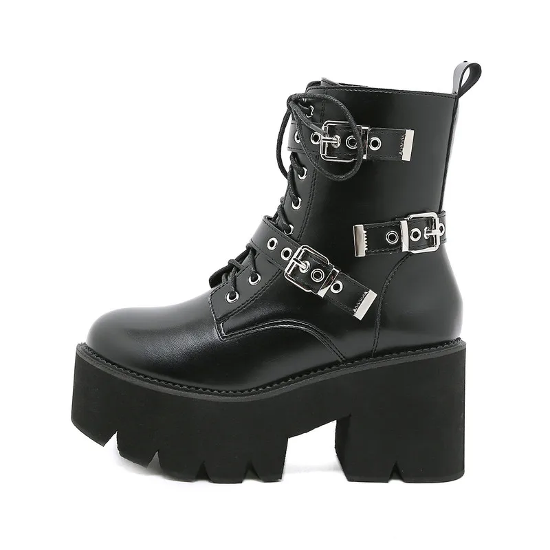New Fashion Belt Buckle Ankle Boots Female Round Toe Thick Sole Motorcycle Boots Chunky Heel Side Zipper Women's Boots