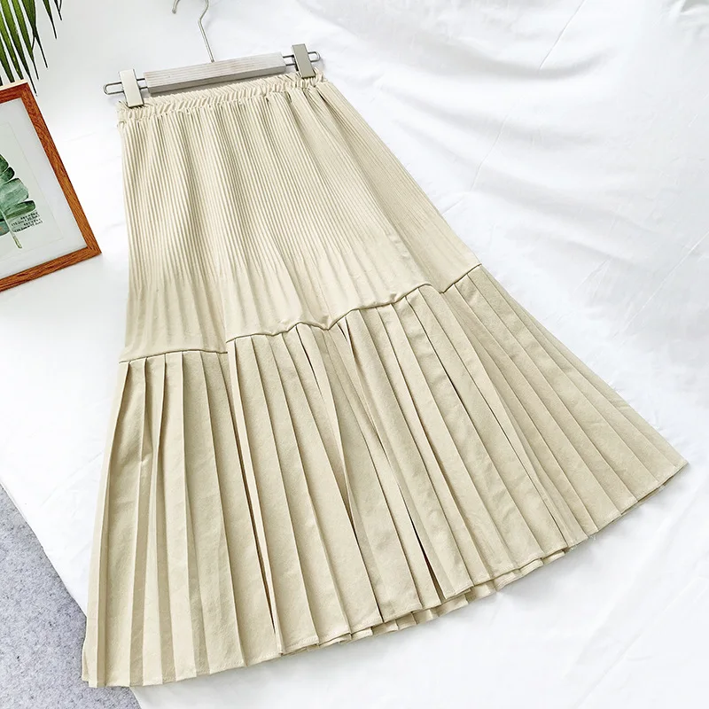 Stitching pleated skirt female mid-length 2019 winter new style high waist was thin A-line temperament bottoming | Женская одежда