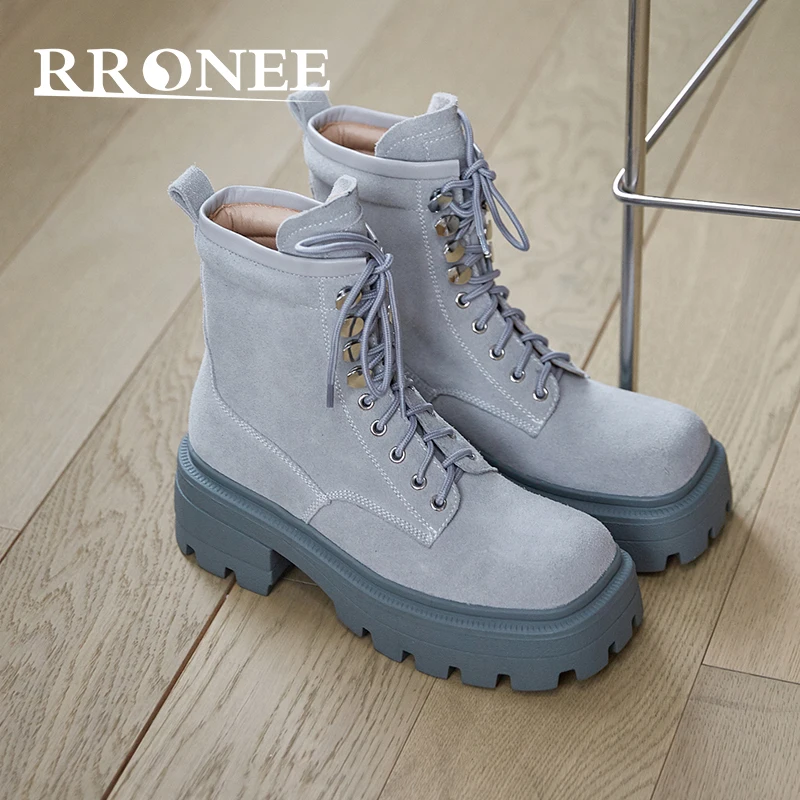 

2021 New muffin thick-soled fleece Martin boots women's autumn and winter square toe simple British style lace-up chunky ankle b