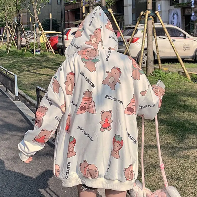 Summer 2021 Fashion Zip Up Cute Bear Sweetshirt Vintage Long Sleeve Spring Clothes Women Hoodies Coat Loose Harajuku Tops New