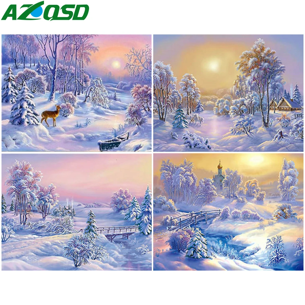 

AZQSD Painting By Number Canvas Kits Winter Snow Landscape Handpainted Gift 40x50cm DIY Pictures By Numbers Forest Home Decor