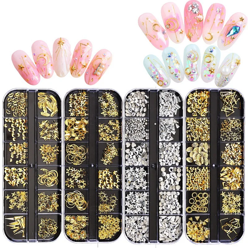 

12 Types Riveting Nail Nail Ornament Mixed Crystal Diamond Nail RhinestonesMulti-Size Gems Metal Nail Rivets Studs