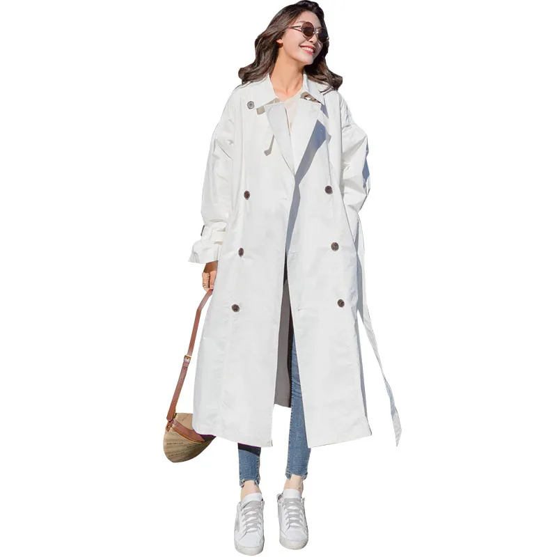 

Women Long Solid White Trench Single Lightweight Coat With Belt Female Slim Overcoat L4011112