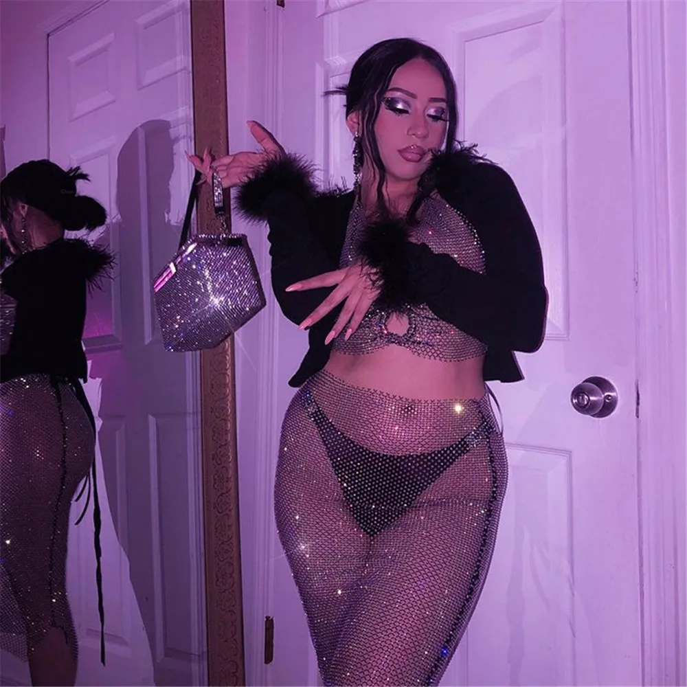 Женская Клубная одежда блестящая сетка со стразами сексуальный топ стразы Camis