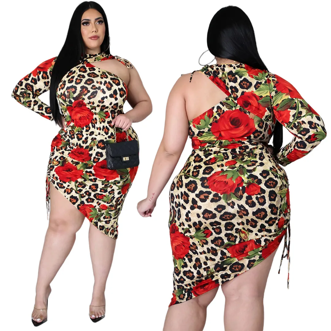 

Plus Size Leopard Floral Printing Clubwear Dresses 2021 Summer O-neck Hollow Out Shirring Lace-up Bodycon Asymmetrical Dress