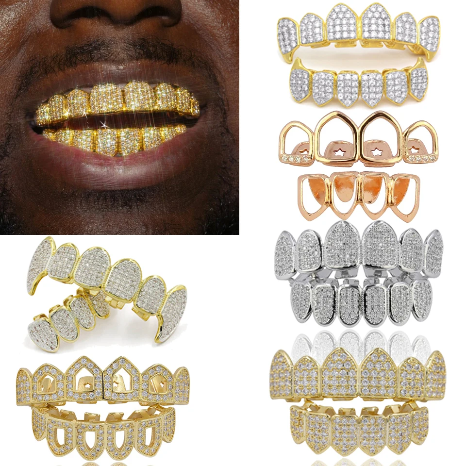 

Gold Iced Out Cubic Zirconia Grillz Brace Punk Hip Hop Up Bottom Dental Mouth Fang Grills Vampire Tooth Cap Cosplay Rap Jewelry