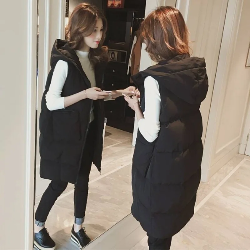 

Winter Waistcoat Women Vest Long Down Cotton Jackets Oversize Bread Coats Sleeveless Hooded Vest with Pocket Chalecos Para Mujer