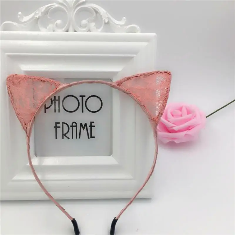 Женская повязка на голову с кошачьими ушками Классическая Черная Кружевная