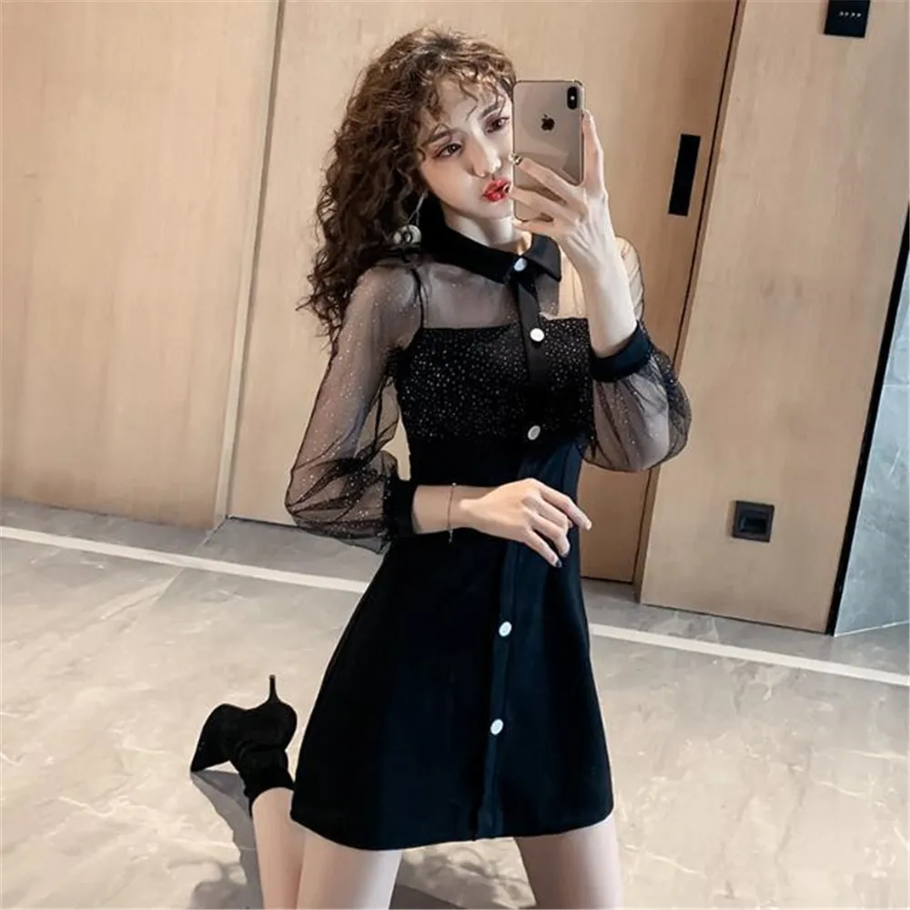 Женское платье летнее весеннее Осеннее Сетчатое кружевное черное Короткое мини