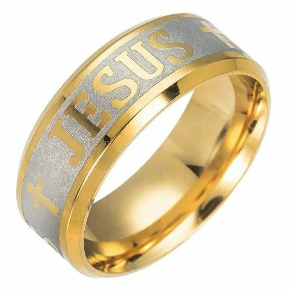 

Mens Stainless Steel Gold Christian Jesus Cross Ring Band Men Size 6-13