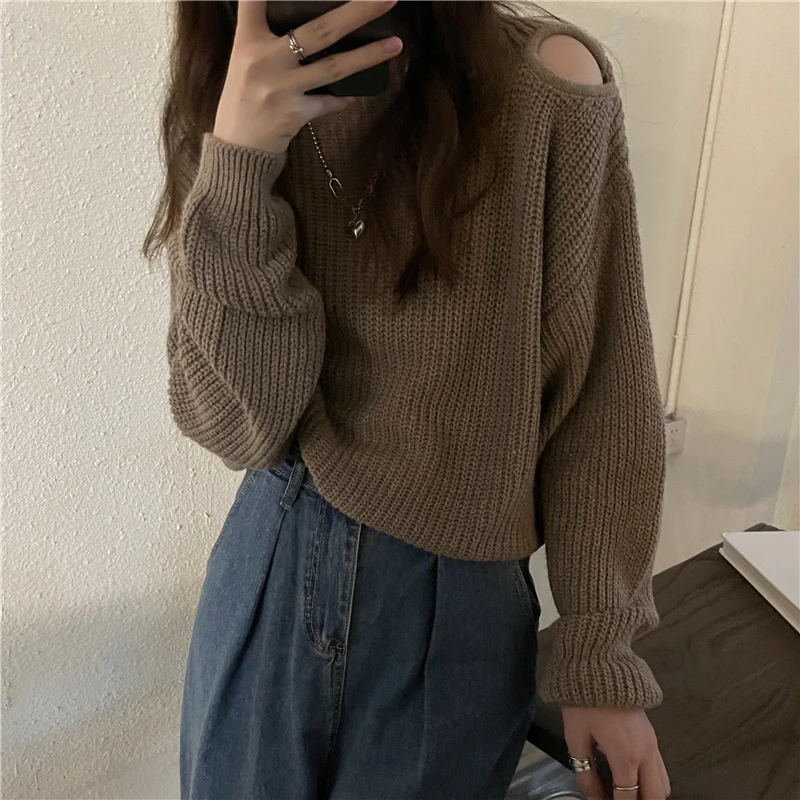 

HziriP Korean Hollow Out Sweater O-Neck Solid Knitting Sweater Women All-Match 2021 New Autumn Casual Loose Fashion Gentle