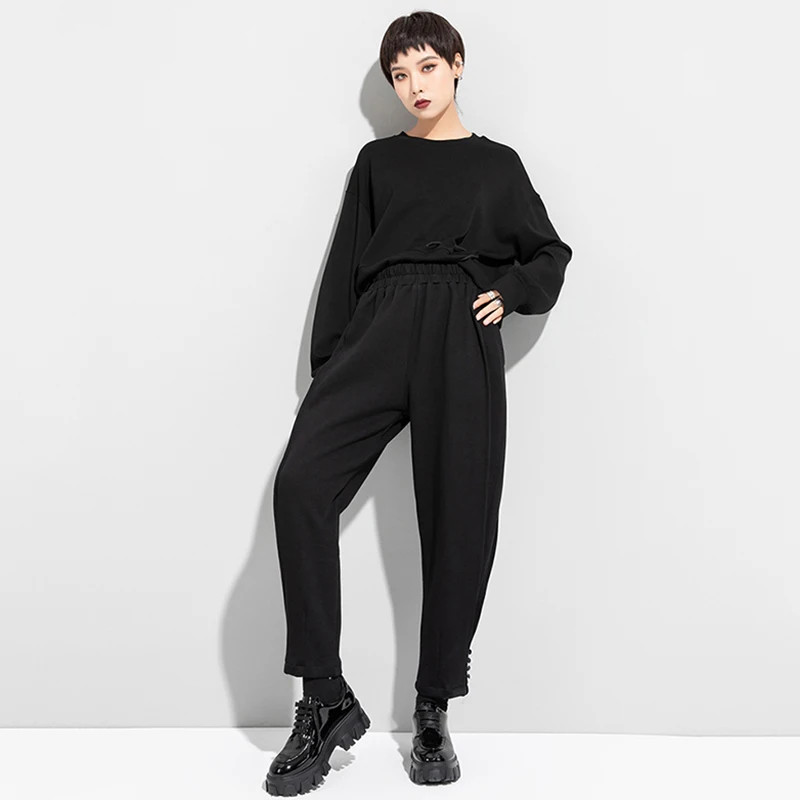 

[EAM] High Elastic Waist Black Leisure Long Harem Trousers New Loose Fit Pants Women Fashion Tide Spring Autumn 2021 1DD5765