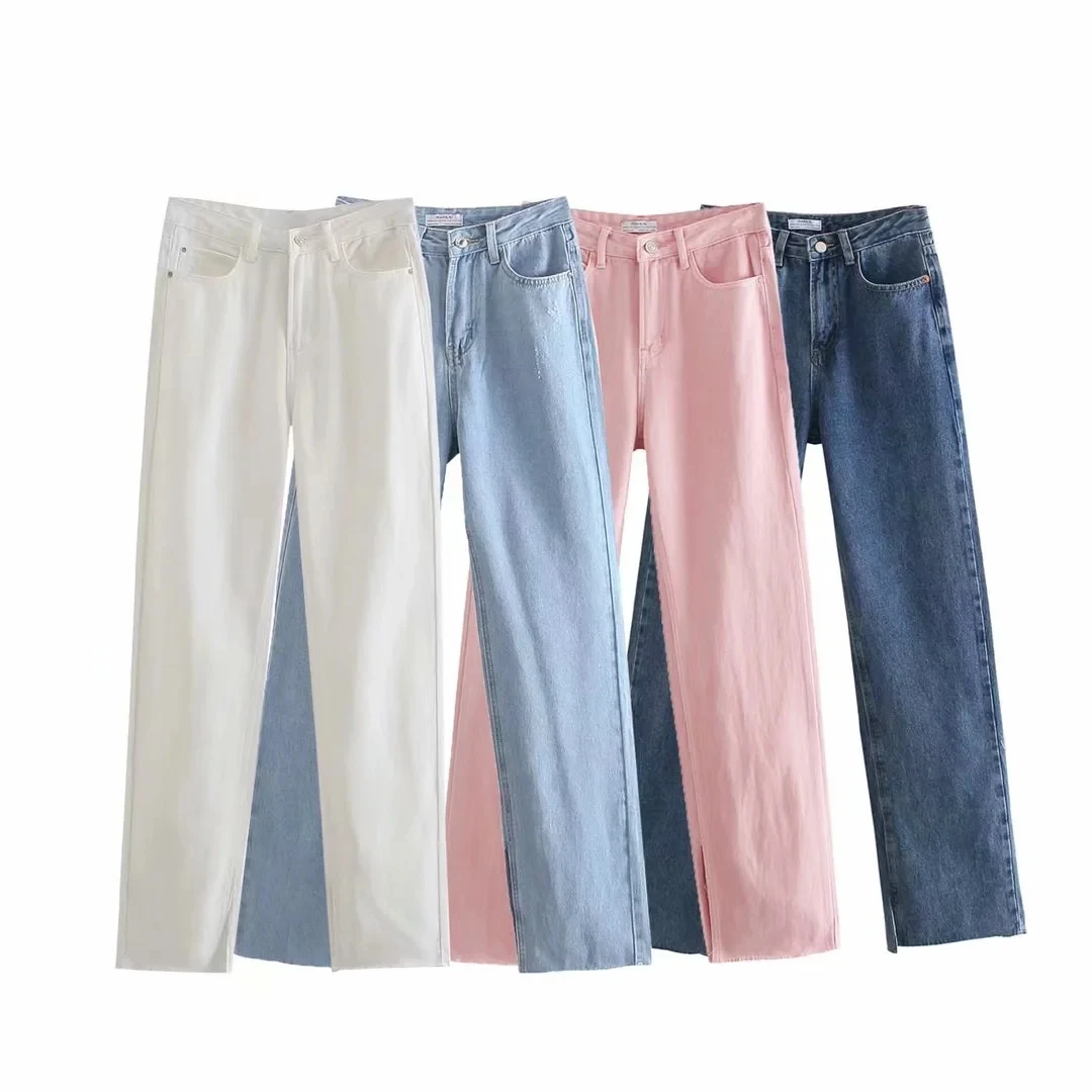 

Za 2021 women Side split Slim Jeans casual full length High waist denim Flared pants pocket Pantalon fashion Slit Trousers Lady