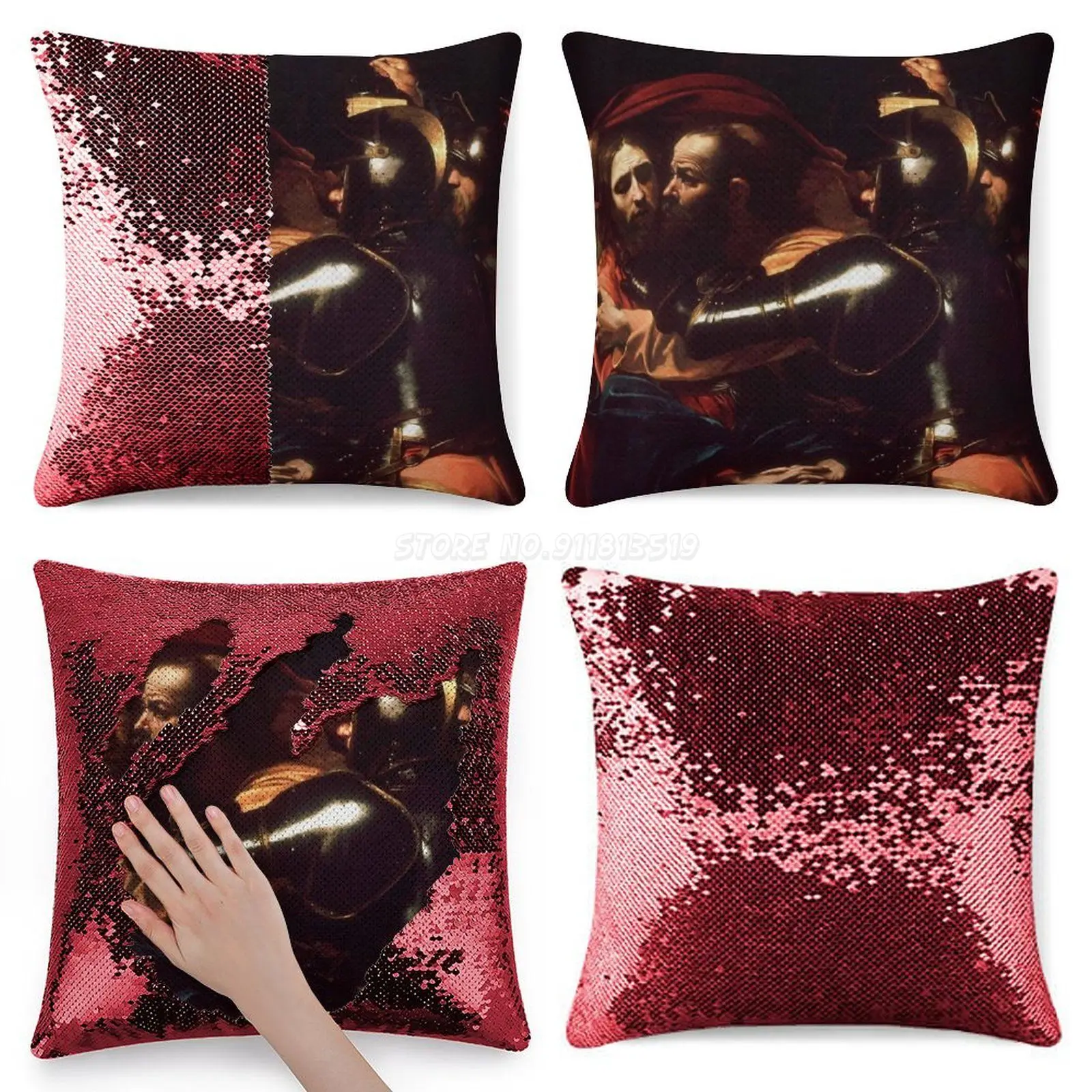 Easter : The Taking of Christ by Caravaggio Sequin Pillowcase Glitter Throw Pillow for Party Cafe Home Sofa Pascha Pascoa |