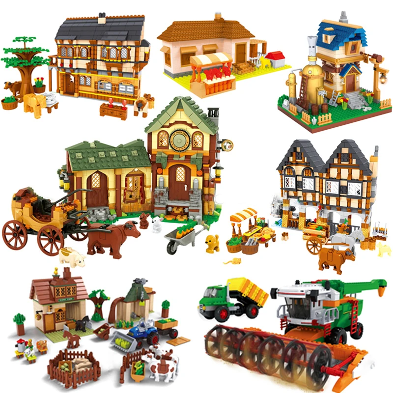 

Новая модель конструктора, средневековая ферма, фермерский трактор, пивоваренный дом, сборщик, рынок карет, Детский конструктор, игрушки в п...