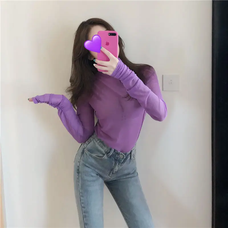 Футболка женская прозрачная сетчатая с длинным рукавом и воротником-хомутом |