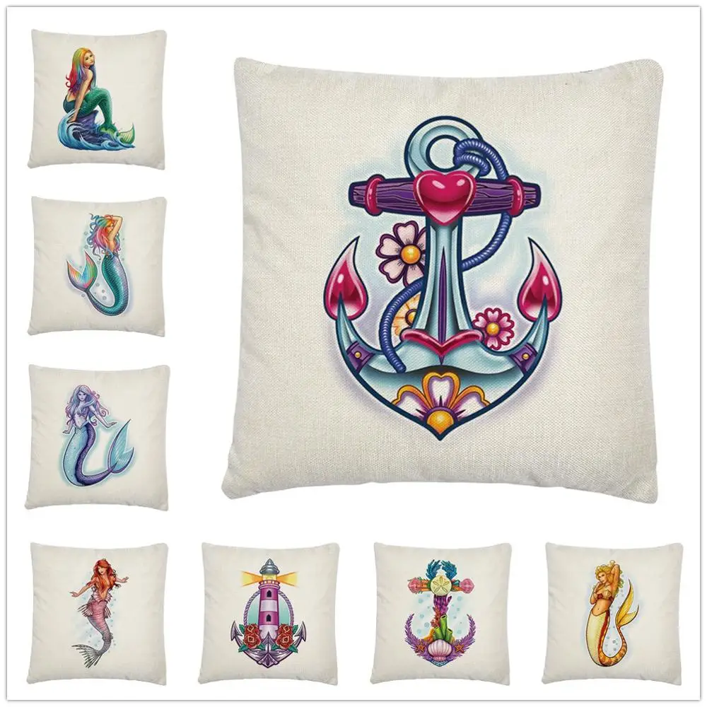 

Mermaid Anchor Butterfly Footprint Logo Linen Cushion Cover Pillow Case for Home Sofa Car Decor Pillowcase 45X45cm