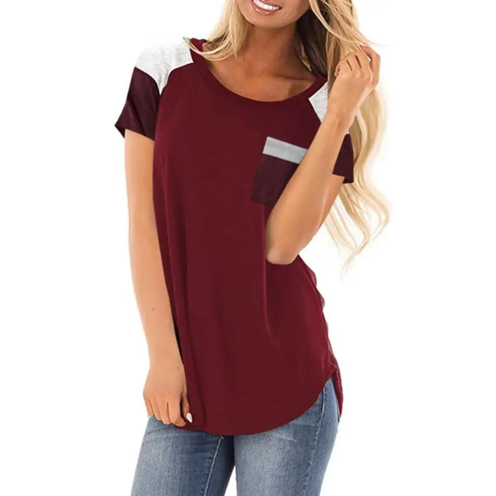 

Women Stripe Pocket Patchwork Round Neck Loose Short Sleeve T-shirt Top Blouse