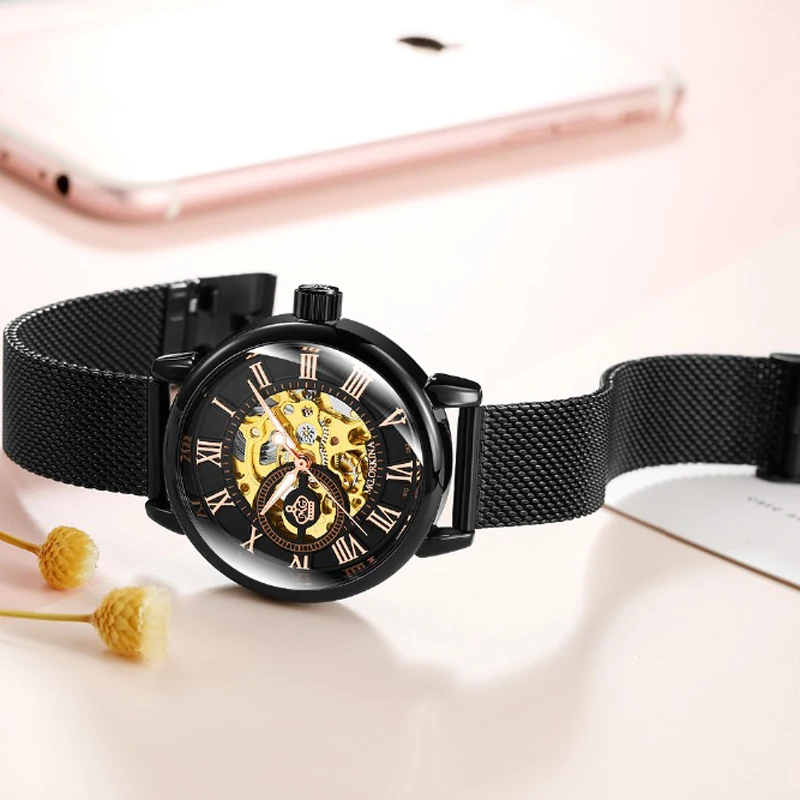 Reloj Mujer Montre Femme серебряные ЖЕНСКИЕ НАРЯДНЫЕ Часы Дамские автоматические механические часы с ремешком из нержавеющей стали